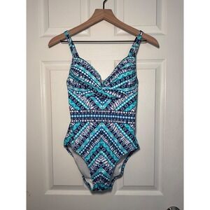Lands End Womens One Piece Swimsuit Size 6 Turquoise Blue Geometric